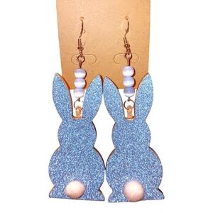 HAND CRAFTED Blue Glitter Easter Bunny Rabbit Cotton Tail Earrings for Spring
